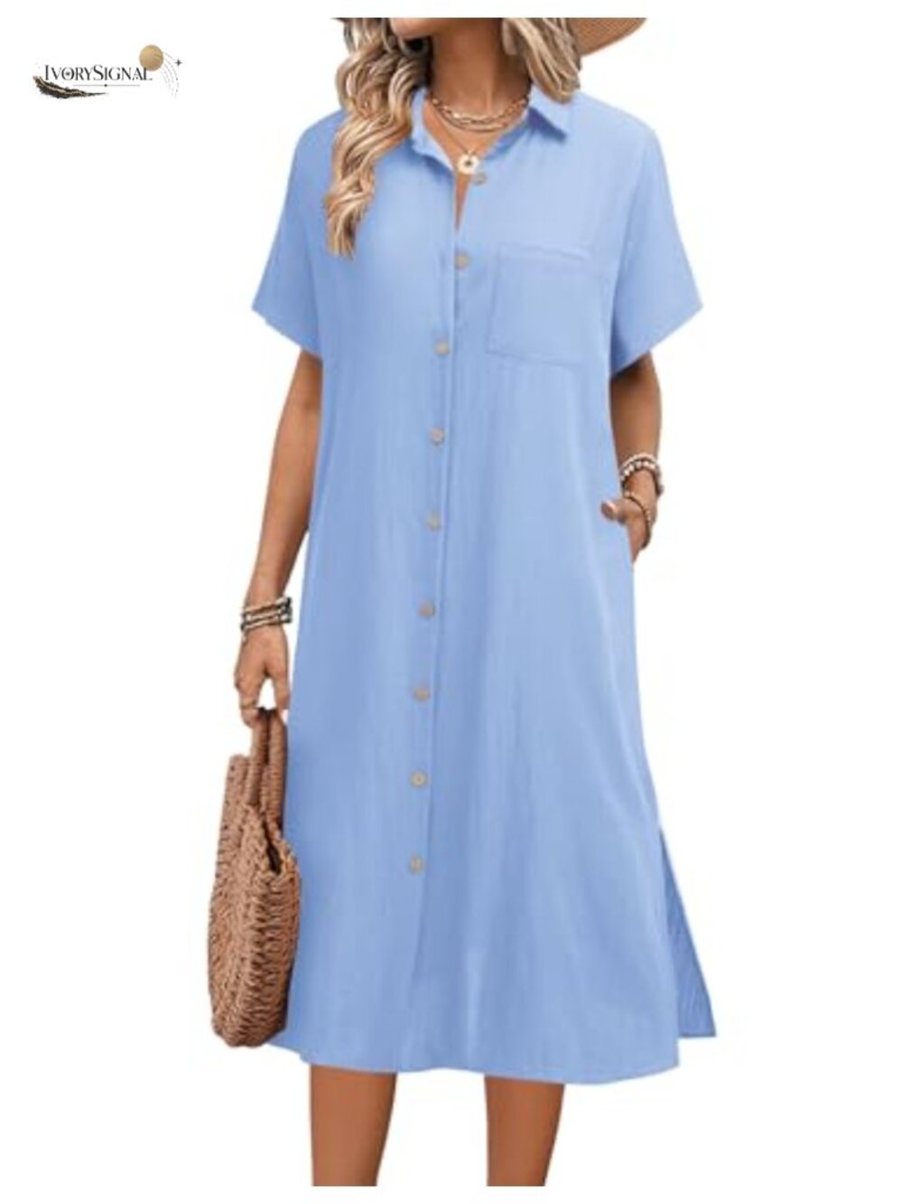 Women's Casual Midi Shirt Dress with Pockets and Buttons